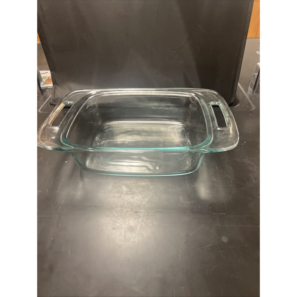 ONE PYREX 2QT COVERED CASSEROLE DISH No Lid AND HANDLES BLUISH GREEN TINT GLASS